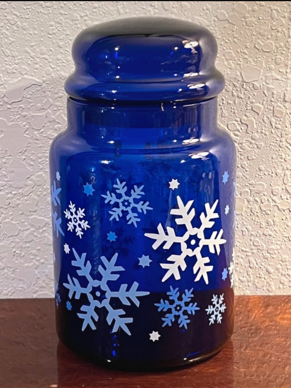 Christmas Cobalt Blue Glass
Snowflakes Jar